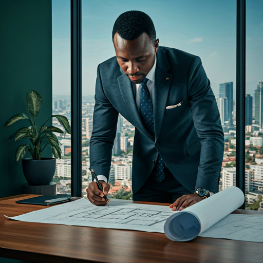 Professionnel africain consultant des plans dans un bureau